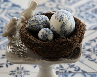 Natural Birds Nest w Blue Toile Fabric Eggs, French Country Easter, Spring Home Decor, Easter, Basket Filler