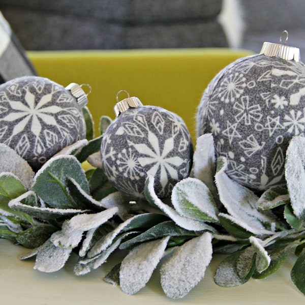 Grey and White Snowflake Christmas Ornaments.  Modern Christmas Decor, Cabin Holiday, Tree Decor, Christmas Ball, Classic Holiday, Farmhouse