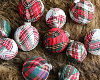 Plaid Christmas Ornaments Set: Tartan Fabric Tree Decoration