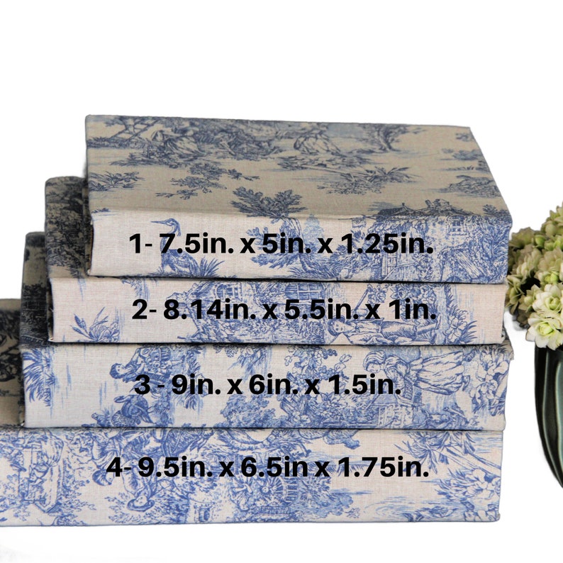 Puede incluir: Una pila de cuatro cajas rectangulares cubiertas con un patr&oacute;n de tela toile azul y beige. Cada caja est&aacute; etiquetada con dimensiones: 1- 19,05cm x 12,7cm x 3,18cm, 2- 20,68cm x 13,97cm x 2,54cm, 3- 22,86cm x 15,24cm x 3,81cm, 4- 24,13cm x 16,51cm x 4,45cm.