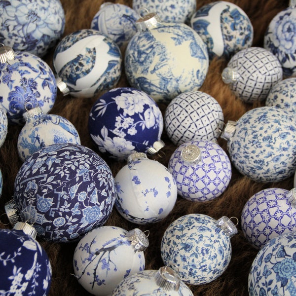 Chinoiserie Christmas Ornaments: Blue & White Fabric, JUMBO Set