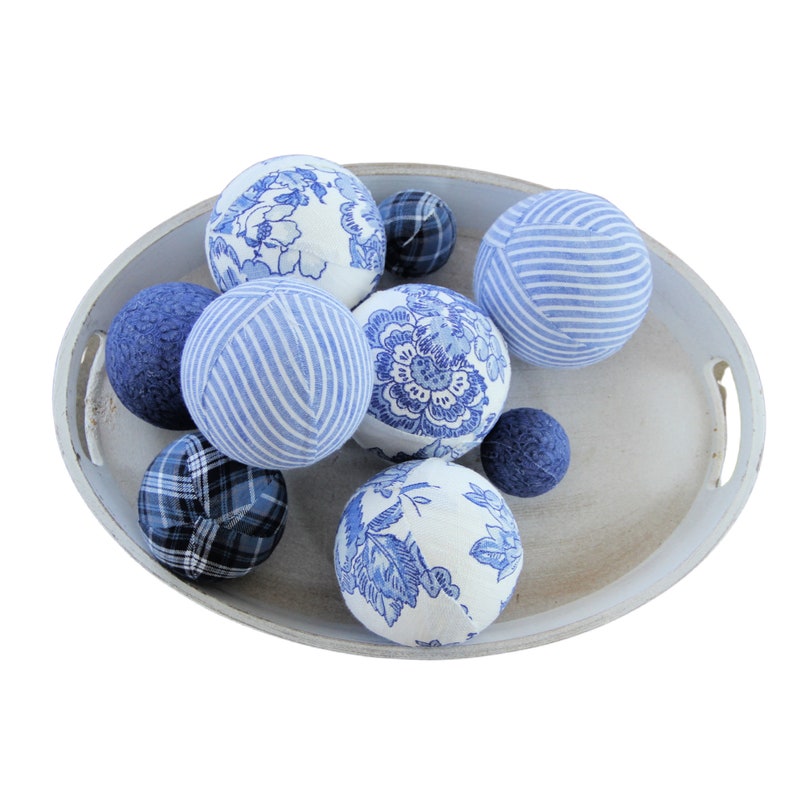 Chinoiserie Rag Balls, Blue and White, Spring Home Decor Accents, Seersucker image 1