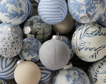 French Country Inspired Christmas Ornaments, JUMBO SET, Blue Toile