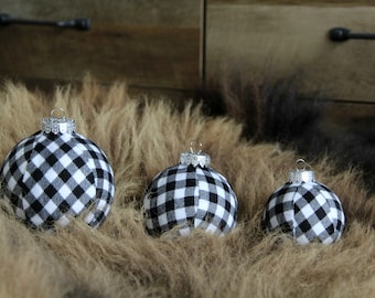 Black & White Flannel Buffalo Plaid Christmas Ornaments.  Modern Christmas Decor, Cabin Holiday, Tree Decor, Christmas Ball, Classic Holiday