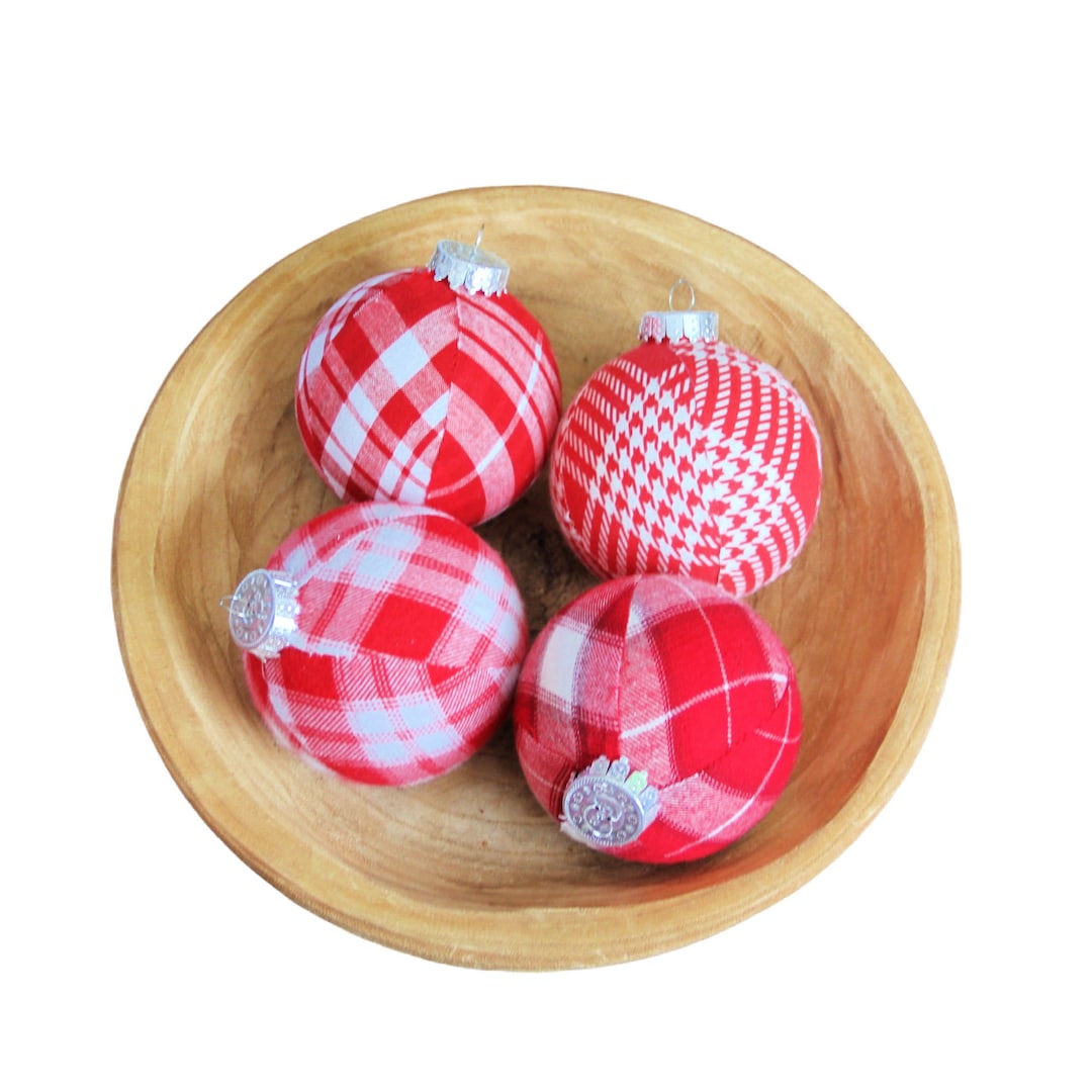 Red and White Plaid Christmas Ornaments. Set. Rustic Christmas Decor