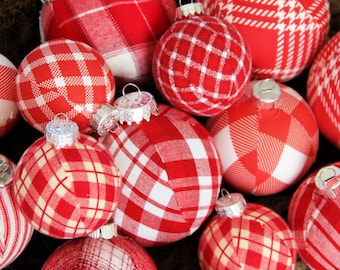 Red and White Plaid Christmas Ornaments, JUMBO SET, Farmhouse Christmas Decor, Tree Decoration, Christmas Ball, Classic Holiday