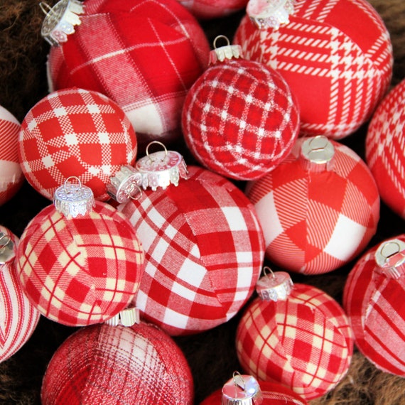 Red and White Plaid Christmas Ornaments JUMBO SET Farmhouse