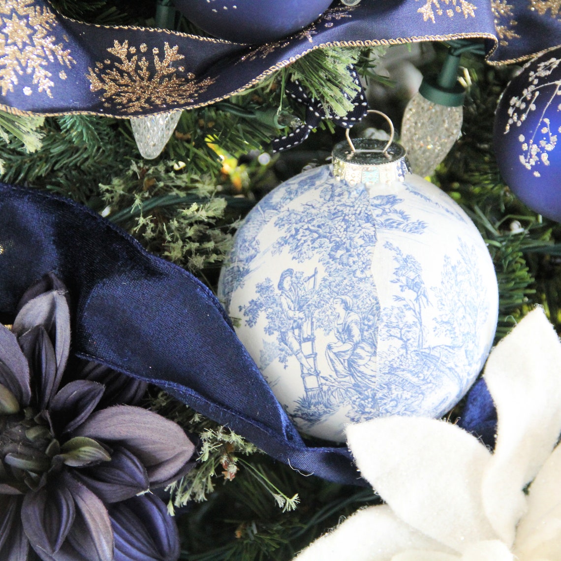 Blue Toile Christmas Ornaments Modern Christmas Decoration Etsy