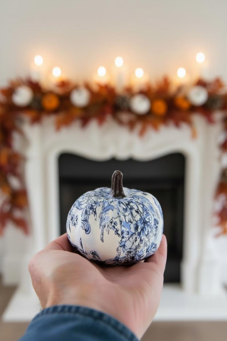 Pode incluir: Uma pequena ab&oacute;bora decorativa com base de tecido branco, um padr&atilde;o floral azul tipo toile e um caule castanho escuro. A ab&oacute;bora tem uma forma arredondada e segmentada, exibindo uma estampa bot&acirc;nica azul detalhada no tecido.
