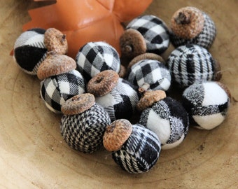 Buffalo Plaid Acorn's.  Black and white White Autumn.  Set.  Fabric Acorn.  Fall Home Decoration. Farmhouse.