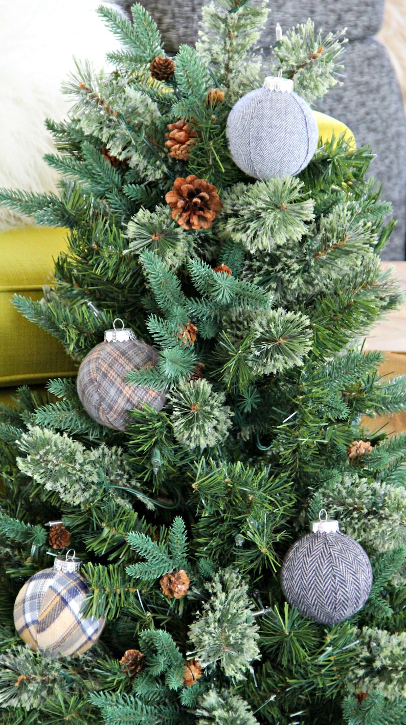 Tree Decoration Set Christmas Ball Herringbone Grey Plaid Christmas Ornaments Classic Holiday Modern Christmas Decor Cabin Holiday