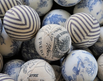 French Country Toile Bowl Fillers.  Decorator Rag Balls. Blue and White.