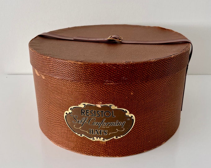 Vintage RESISTOL HAT BOX, 1930s/40s Round Hat Box With Lid and Strap