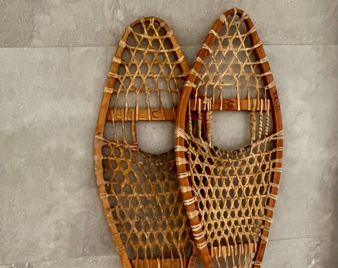 Vintage Large WOOD & RAWHIDE SNOWSHOES, 48 Snowshoes, Wood Frames