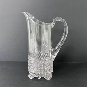Vintage PRESSED GLASS PITCHER w Beaded Moon & Stars Pattern, Mid-Century Pitcher, Pedestal Feet, Clear Glass, 1940s–1960s, Retro Bareware