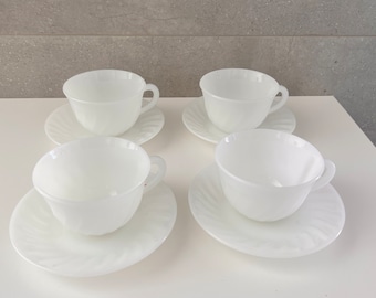 Vintage Fire King Milk Glass Cups and Saucers: Swirl Pattern, Set of 4