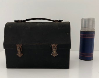 Vintage INDUSTRIAL LUNCH BOX w/ Thermos, Black Metal Worker's Lunchbox Pail, 1960s, Miners Lunch Box, Weathered Distressed, Industrial Decor