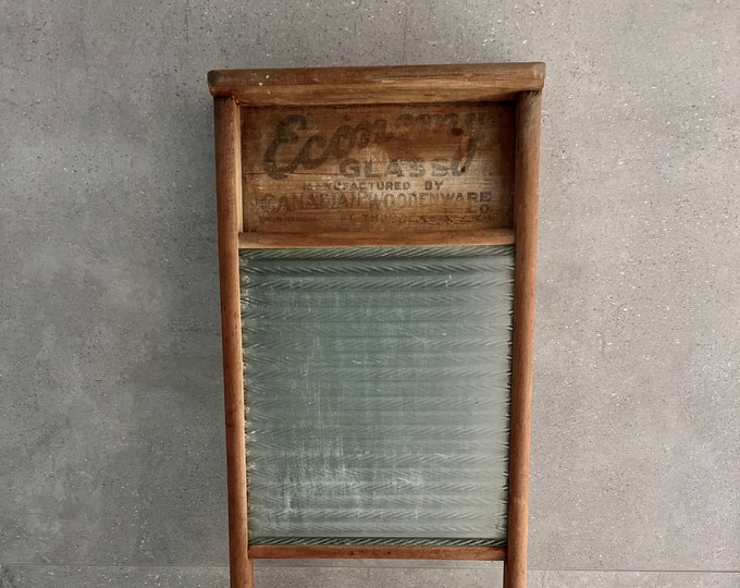 Vintage GLASS ECONOMY WASHBOARD, Wood and Thick Rippled Glass Washboard
