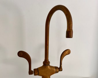 Vintage BRASS SINK FAUCET, Gooseneck Faucet by Chicago Faucets Co.,  Kitchen Double Handle Faucet, Unlacquered Brass, Farmhouse Rustic Decor