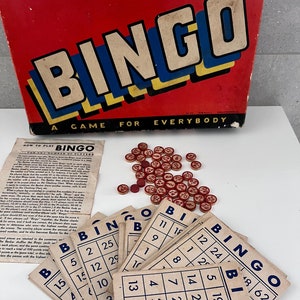 Jeu de bingo vintage des années 40, n° 2173, cartes de bingo et pièces de bingo, fournitures de fabrication de livres créatifs techniques mixtes, jeu de bingo ancien, édition Whitman