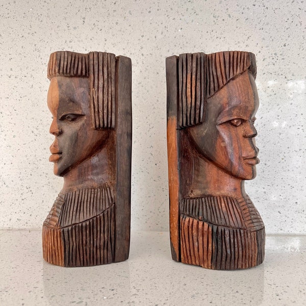 Vintage HAND CARVED AFRICAN Bookends, Carved Wood Pair of Bookends, Hand Sculpted African Faces, Solid Wood, Sculpted African Heads
