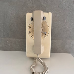 Vintage ROTARY DIAL TELEPHONE, Retro Cream Coloured Wall Mount Telephone, Coiled Cord, Bell System Western Electric Phone