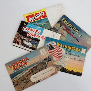 DOSSIERS DE SOUVENIRS DE VOYAGE vintage, années 30/40, cartes postales dépliantes, photos de style accordéon, Washington D.C., Cypress Gardens, Virginia Beach