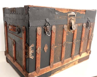 Antique Flat Top Steamer Trunk, Wood Slats, Metal Hardware, Storage Chest