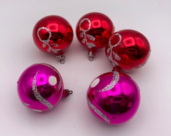 Vintage GLASS CHRISTMAS BULBS, Lot of 5 Small Christmas Balls, Glass Bulbs, Pink with Sparkles & Red with Sparkles, 2" Shiny Glass Bulbs