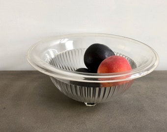 Vintage MID CENTURY FRUIT Bowl, Hazel Atlas, Large Clear Glass Ribbed Bowl with Square Base and Rolled Rim, Depression Kitchenware,