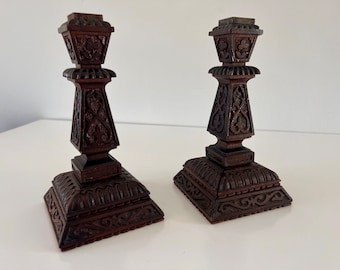 Vintage 1800s CARVED WOOD CANDLE Holders, Pair of Antique Gothic Candle Holders, 7.5" Taper Candlesticks, Antique Square Base, Mantel Decor