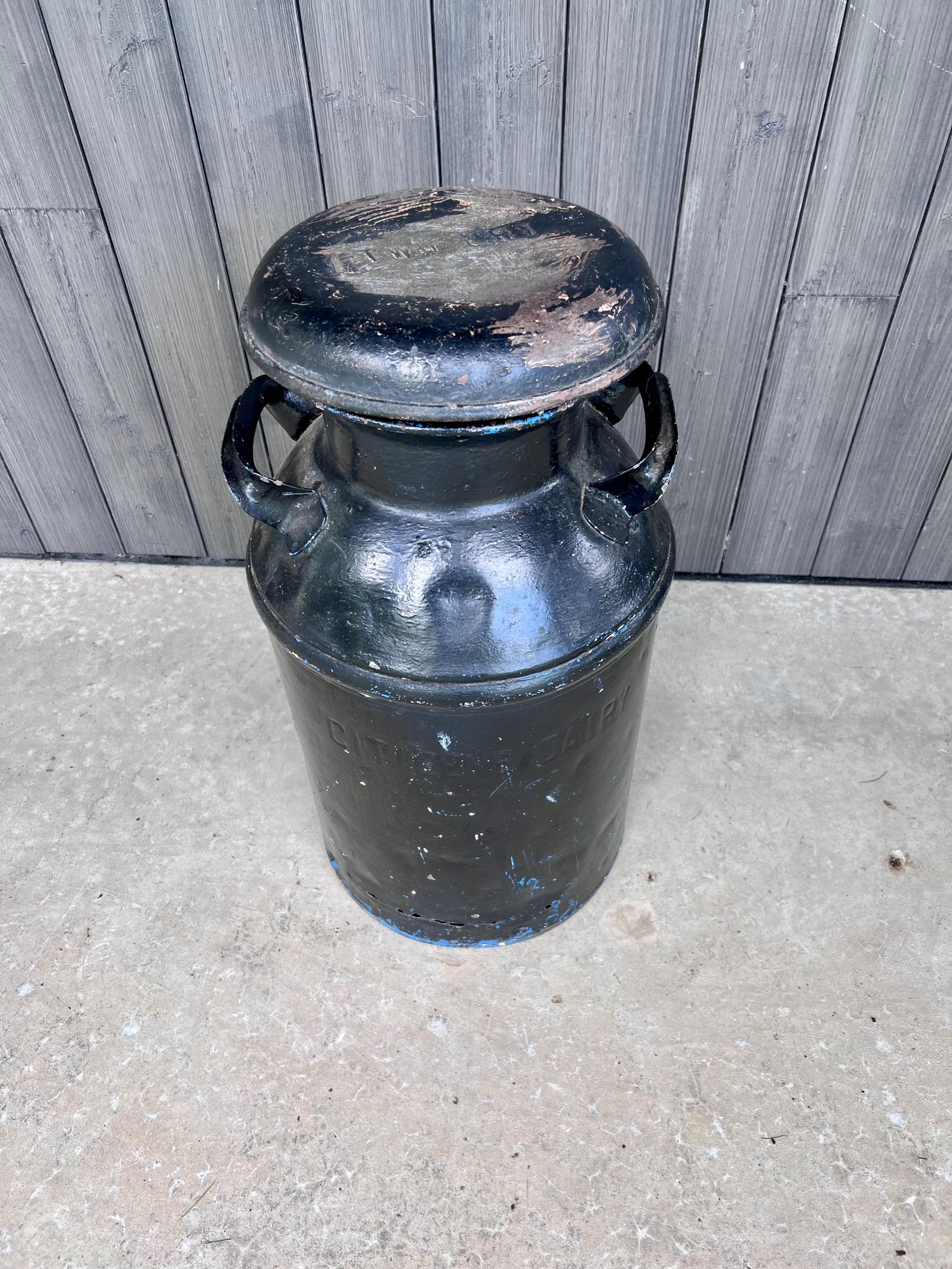 Antique Black Milk Can, Citizen's Dairy, Farmhouse Porch Decor
