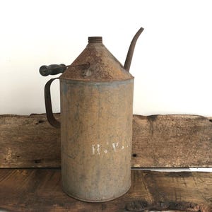 Vintage Rusty LARGE OIL CAN, Early 1900s Rustic Petroleum Oil Can with Spout and Wood & Wire Handle, Stencilled H. V. McClean