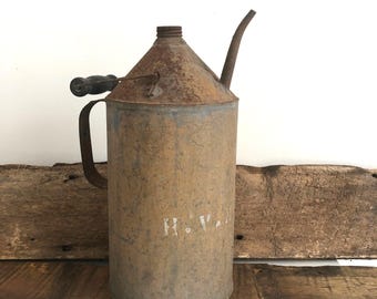 Vintage Rusty LARGE OIL CAN, Early 1900s Rustic Petroleum Oil Can with Spout and Wood & Wire Handle, Stencilled H. V. McClean