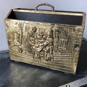 Vntage HAMMERED BRASS MAGAZINE Rack, Mid-Century Embossed Repousse Magazine Rack, Wood & Brass 2 Compartment Magazine Holder Old World Image