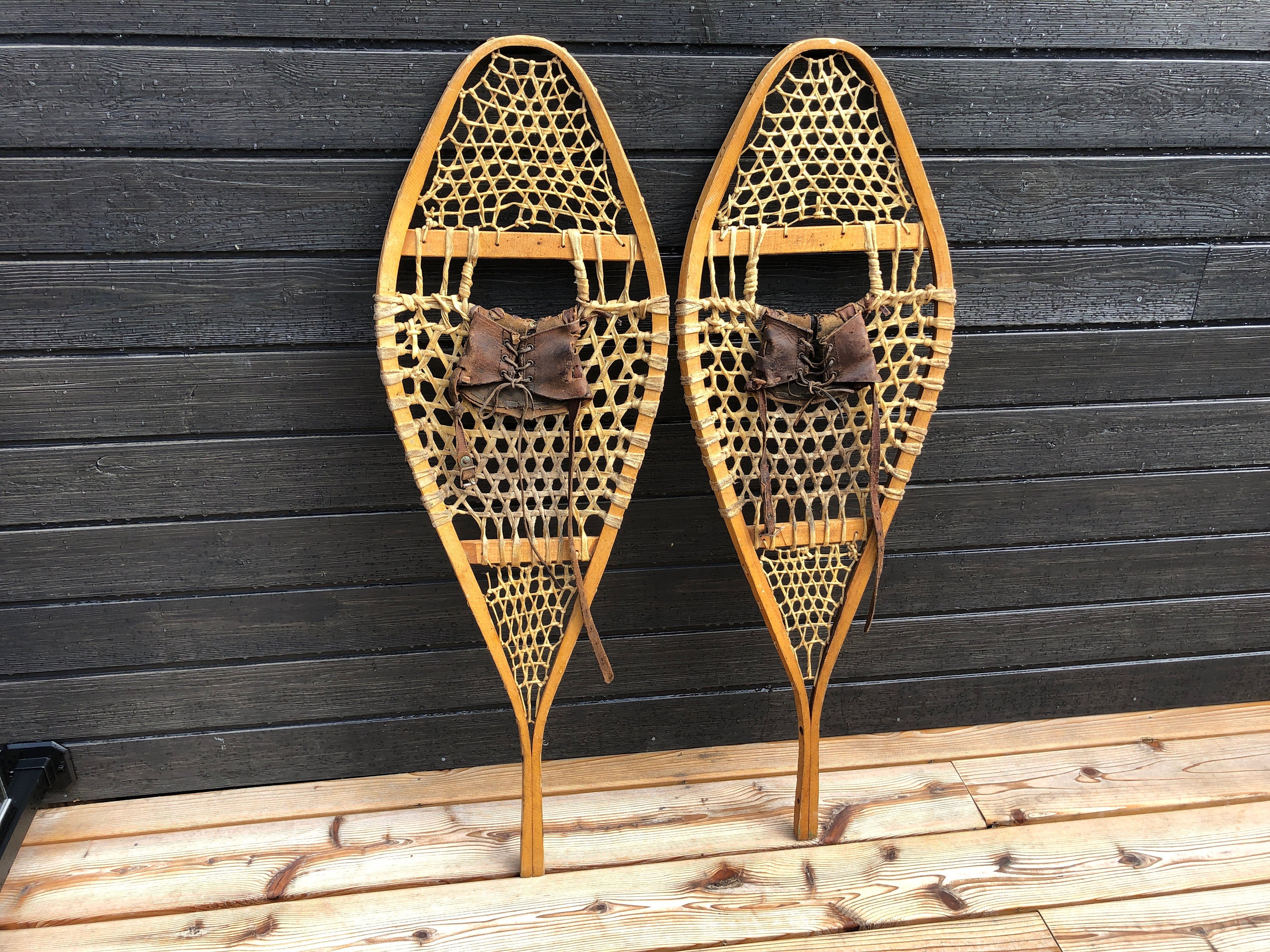 Vintage WOOD & RAWHIDE SNOWSHOES 43 Canada Snowshoes Etsy