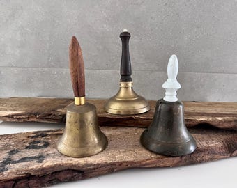 Vintage Brass Hand Bell with Wood or Ceramic Handle - Rustic Farmhouse Decor