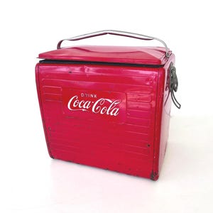 Vintage 1950s COCA-COLA COOLER, Authentic Metal Cooler, Red Ice Chest w/ Lid &  Drain Spout, Insulated Interior, Rustic Patina 16x17x13"