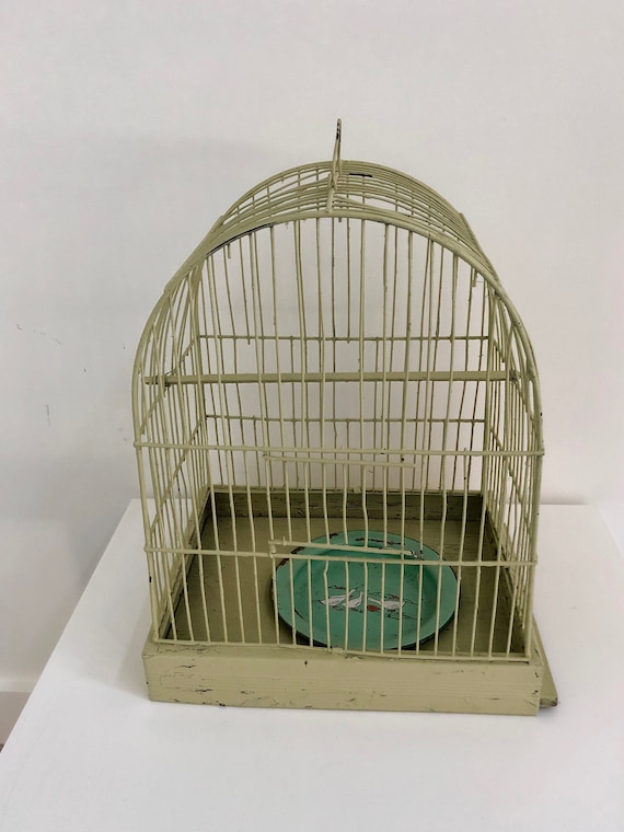 Vintage Yellow WIRE BIRD CAGE, Chippy Shabby 1940s Wire Birdcage