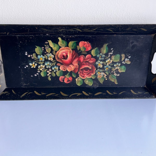 Vintage HAND-PAINTED TOLE Tray, 21" Rectangular Floral Tray with Cut-Out Handles, 1940s Tray w/ Roses &. Flowers, Shabby Chic, Vanity Decor