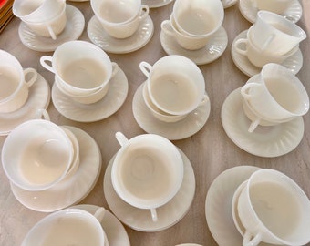 Vintage Fire King Cup & Saucer Set: 1960s Off-White Swirl Milk Glass