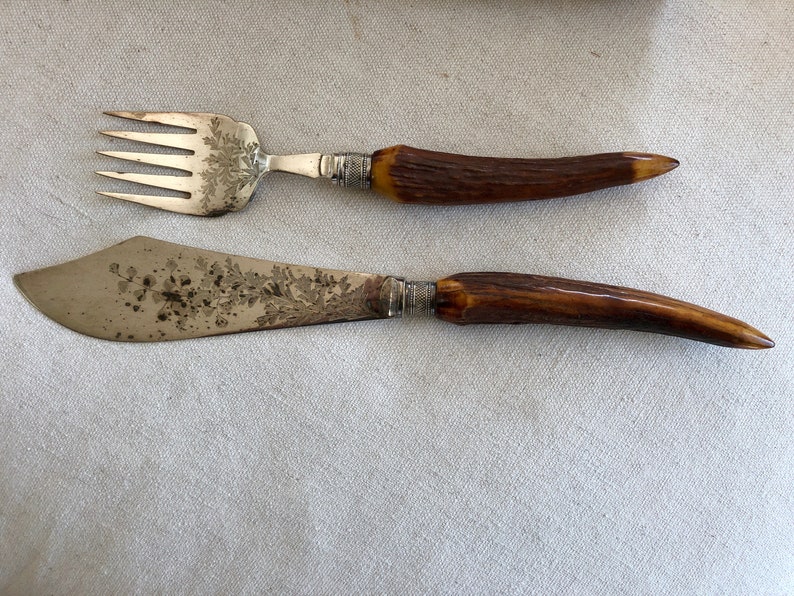Vintage fish server set bone antler handles hand engraved etsy