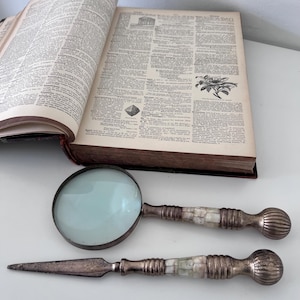 Vintage DESK SET, MAGNIFYING Glass & Letter Opener with Mother of Pearl Handles, Tarnished Shabby Chic, Retro Office Decor, Ornate Scrolling