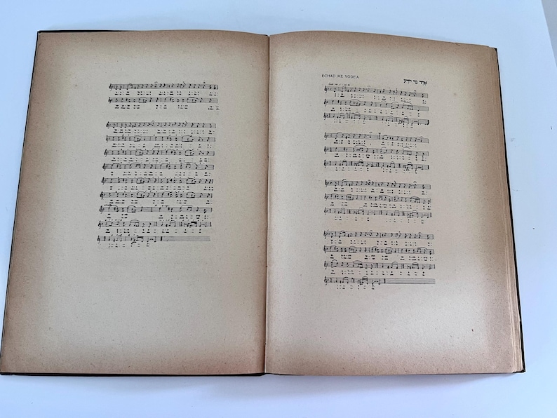 Puede incluir: Un libro abierto con notaci&oacute;n musical en ambas p&aacute;ginas. La p&aacute;gina izquierda tiene el t&iacute;tulo "Song Me Yiddishe", y la p&aacute;gina derecha tiene el t&iacute;tulo "Der Yid", ambos en hebreo.