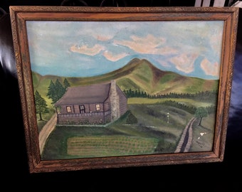 Vintage LANDSCAPE FOLK ART, Rustic Log Cabin Landscape Painting, Antique Framed Folk Art Painting, 1934 Nature Painting, Oil on Canvass