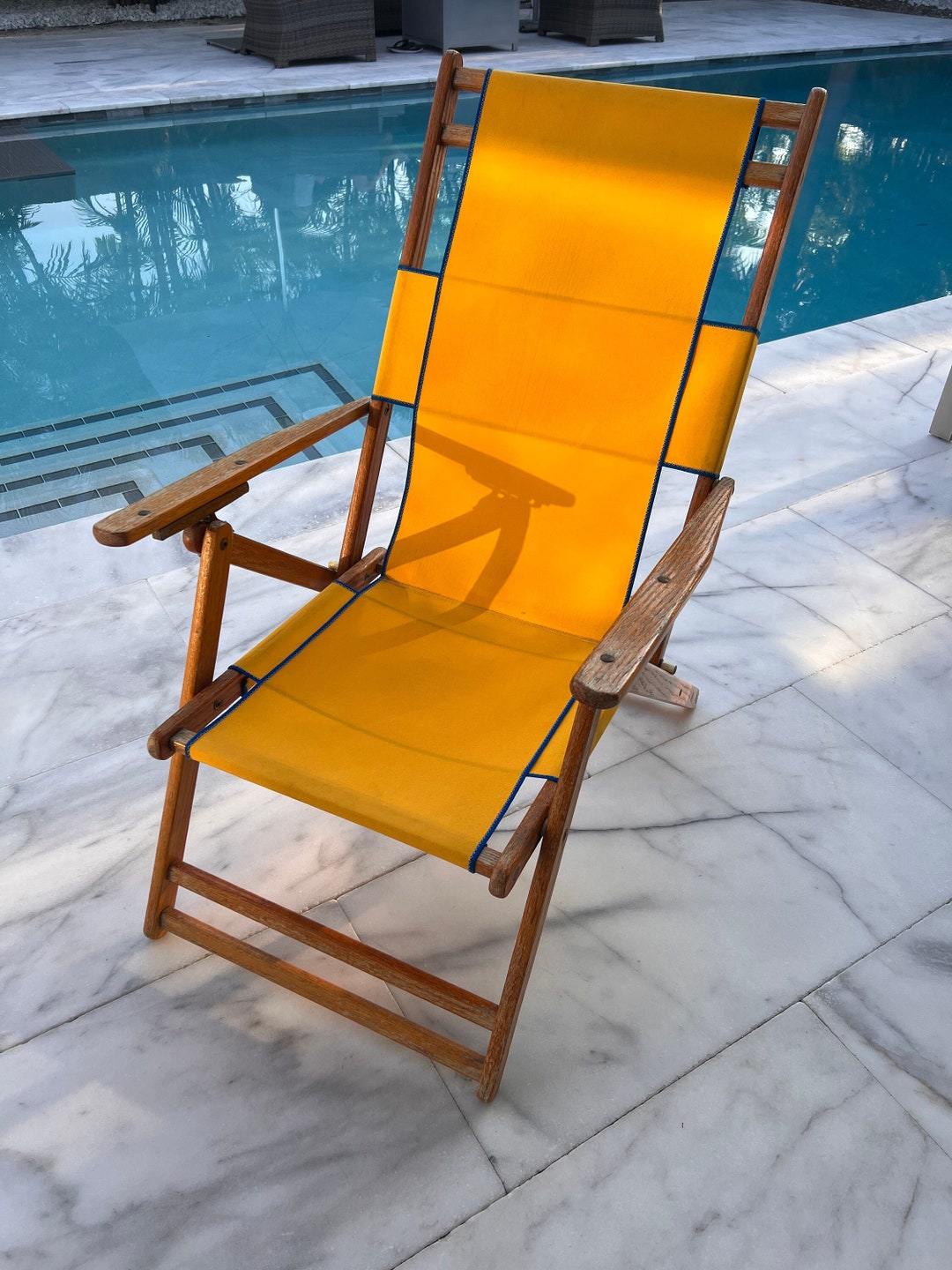 Vintage FOLDING DECK CHAIR, Midcentury Collapsible Reclining Canvas, H & T Chair Co., Wood