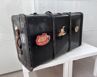 Vintage 1920s Steamer Trunk: Cunard Travel Stickers, Art Deco Storage Coffee Table