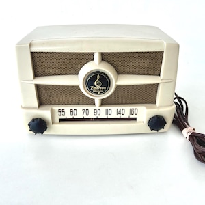 VINTAGE EMERSON RADIO, Cream Bakelite Tube Radio w Art Deco Grille, Mid-Century Retro Decor, Working!, Model 744B c.1950s Collectible & Rare