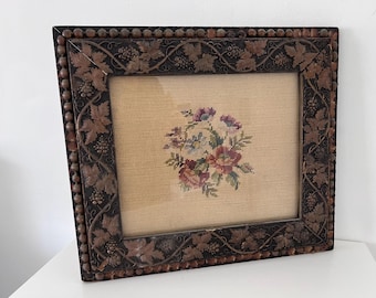 Antique Framed Floral Needlepoint - Victorian Shabby Chic Wall Art