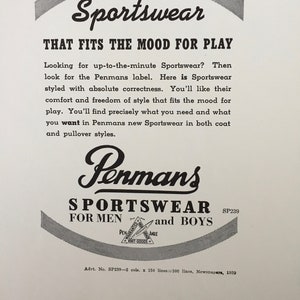 K&ouml;nnte beinhalten: Schwarzwei&szlig;-Anzeige f&uuml;r Penmans Sportswear f&uuml;r M&auml;nner und Jungen. Die Anzeige zeigt einen Mann in einem Mantel und Hut. Der Text lautet "Sportswear That Fits The Mood For Play" und "Penmans Sportswear For Men and Boys".